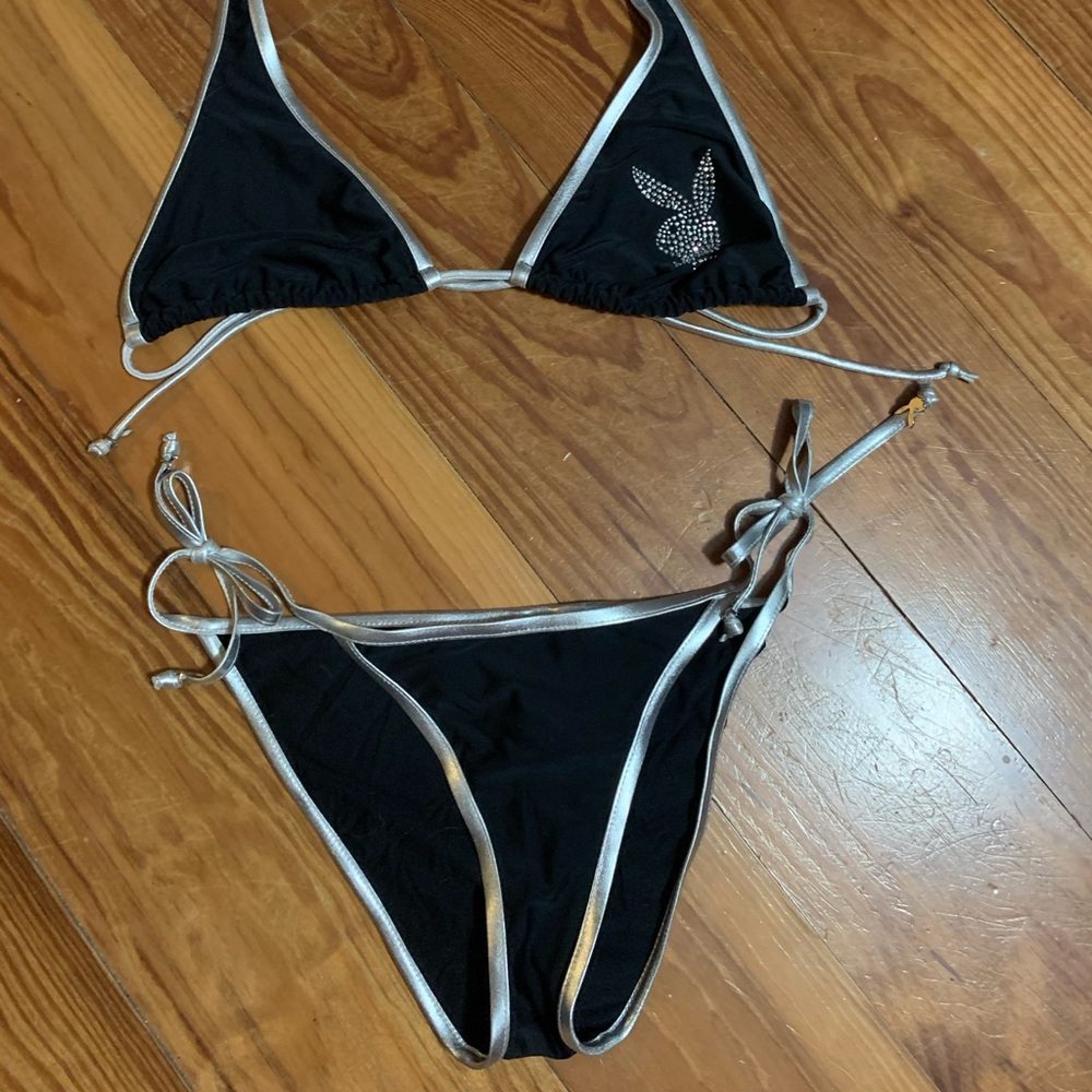 Playboy bikini, silver piping, crystal accents
